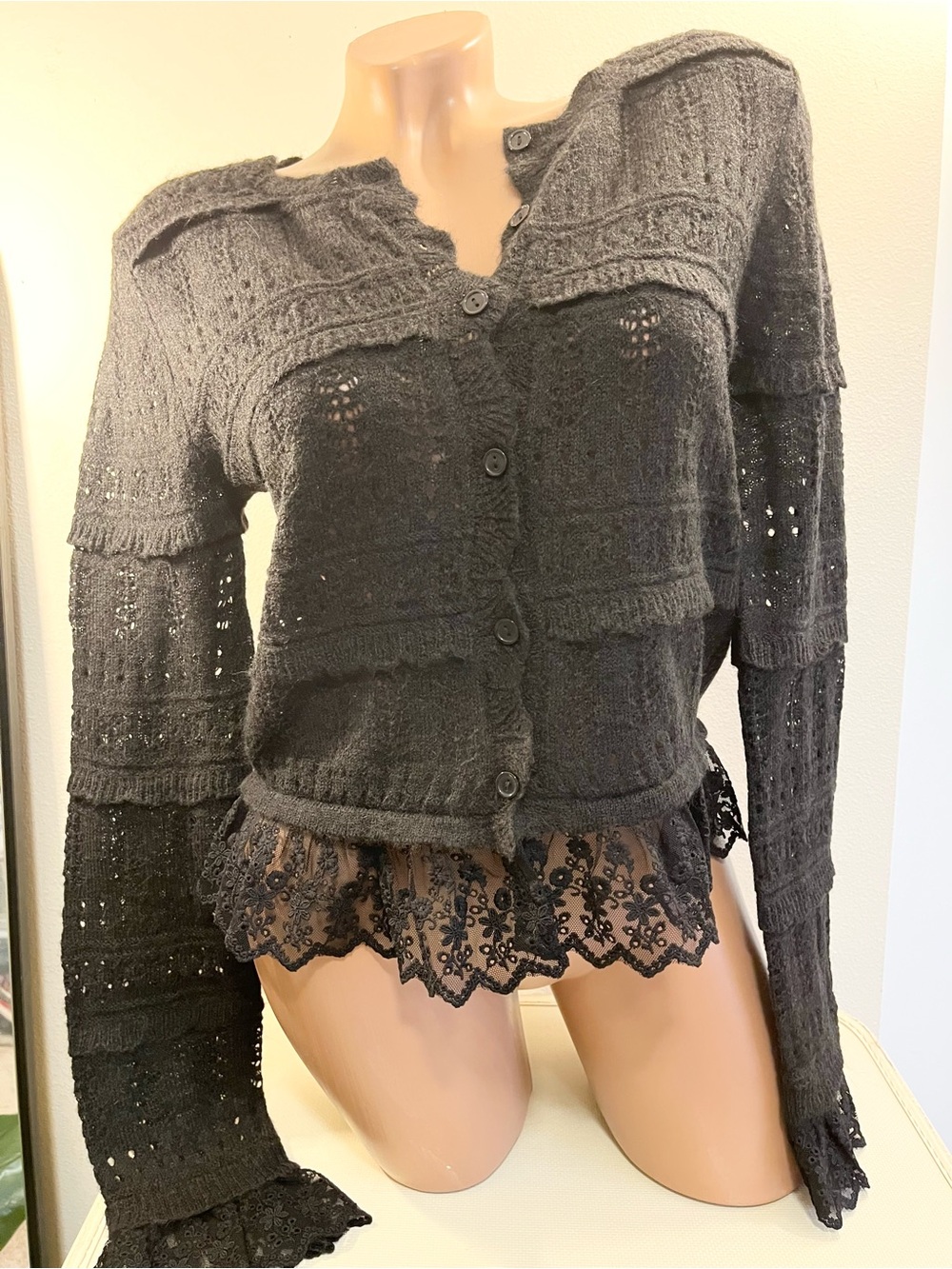 NWT Black Lace-Hem Button-Up Sweater